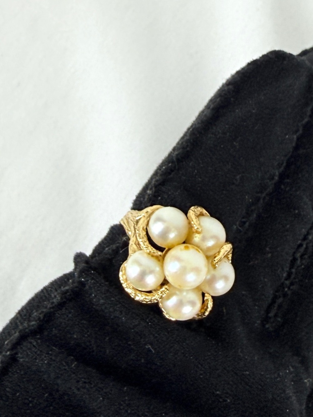 1980s 5 Pearl 14K Cocktail Gold Ring sz 4 Organic Wood Form OOAK